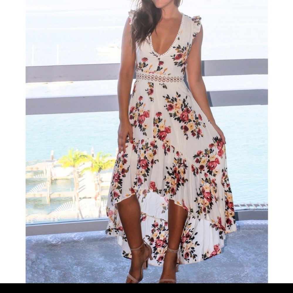 Ivory Floral High Low Dress with Open Back - size Large, worn once